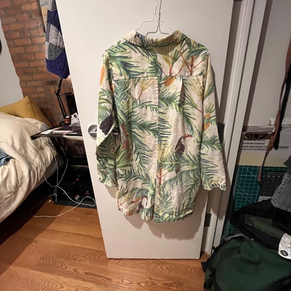 FARM RIO 100% LINEN JUMPSUIT Romper shorts long sleeve LEAVES TROPICAL M READ - Picture 3 of 12